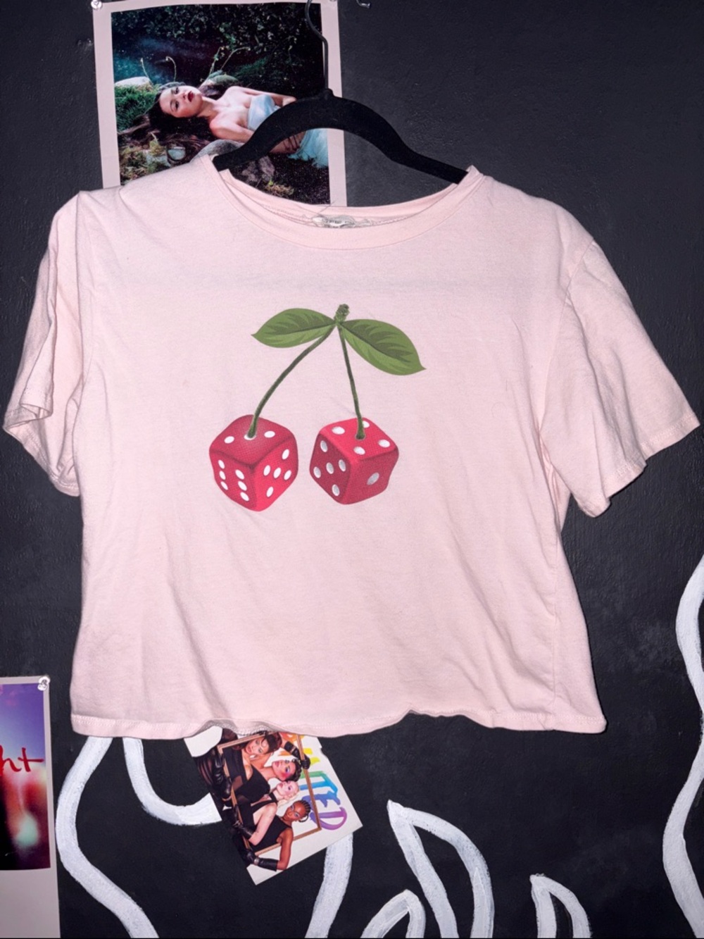 french pastry Pink Crop Top with Red Cherry Dice Graphic